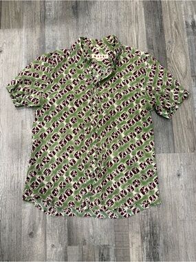 MARNI Men's Short Sleeve Button Down Patterned Shirt - Green/Burgundy